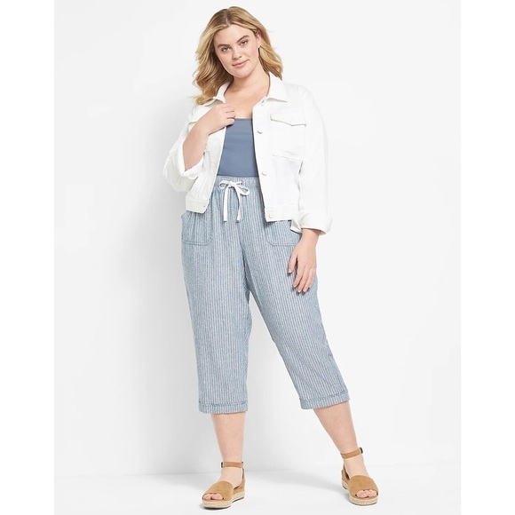 Lane Bryant Soft Slub Boyfriend Capri Pants Blue Stripe Linen Blend Size 22/24